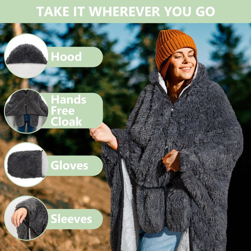 Happy Fuel Dark Grey Wearable Throw Blanket Hoodie for Women- Thick Cozy 52"X60" Sherpa Fleece Shaggy Decor for Couch, Bed & Sofa - Soft Fuzzy Faux Fur Hooded Gray Throw Blankets for Adults - Image 5